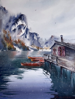 Boats on Lake Braies, Italy