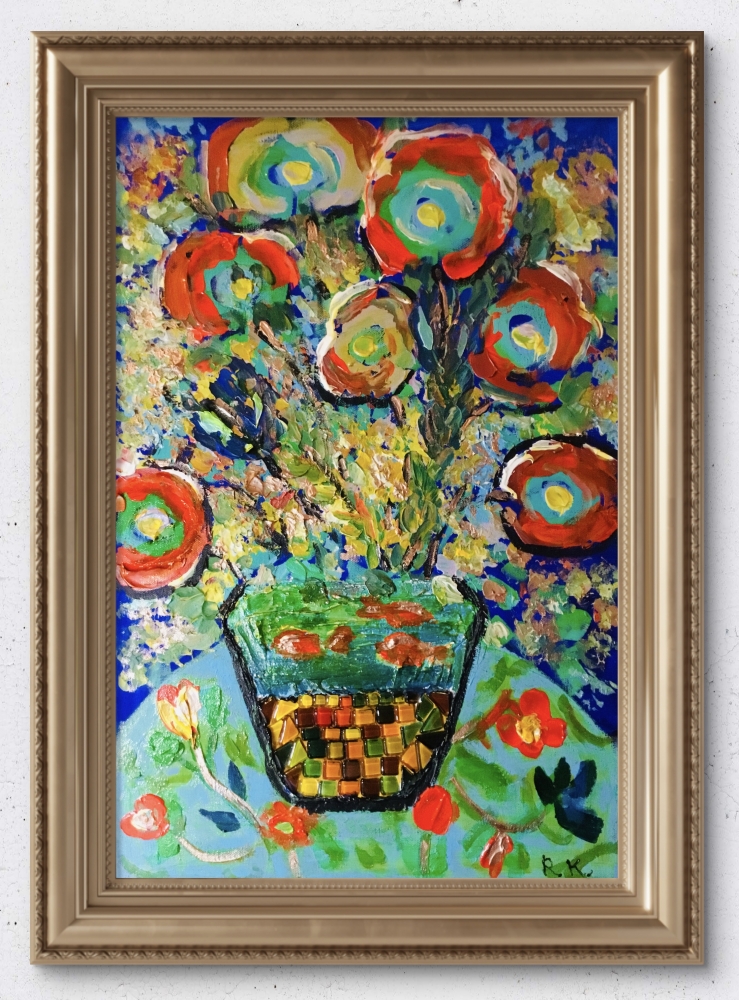 Mosaic Bloom – Colorful Abstract Floral Painting with Textured Mosaic Vase