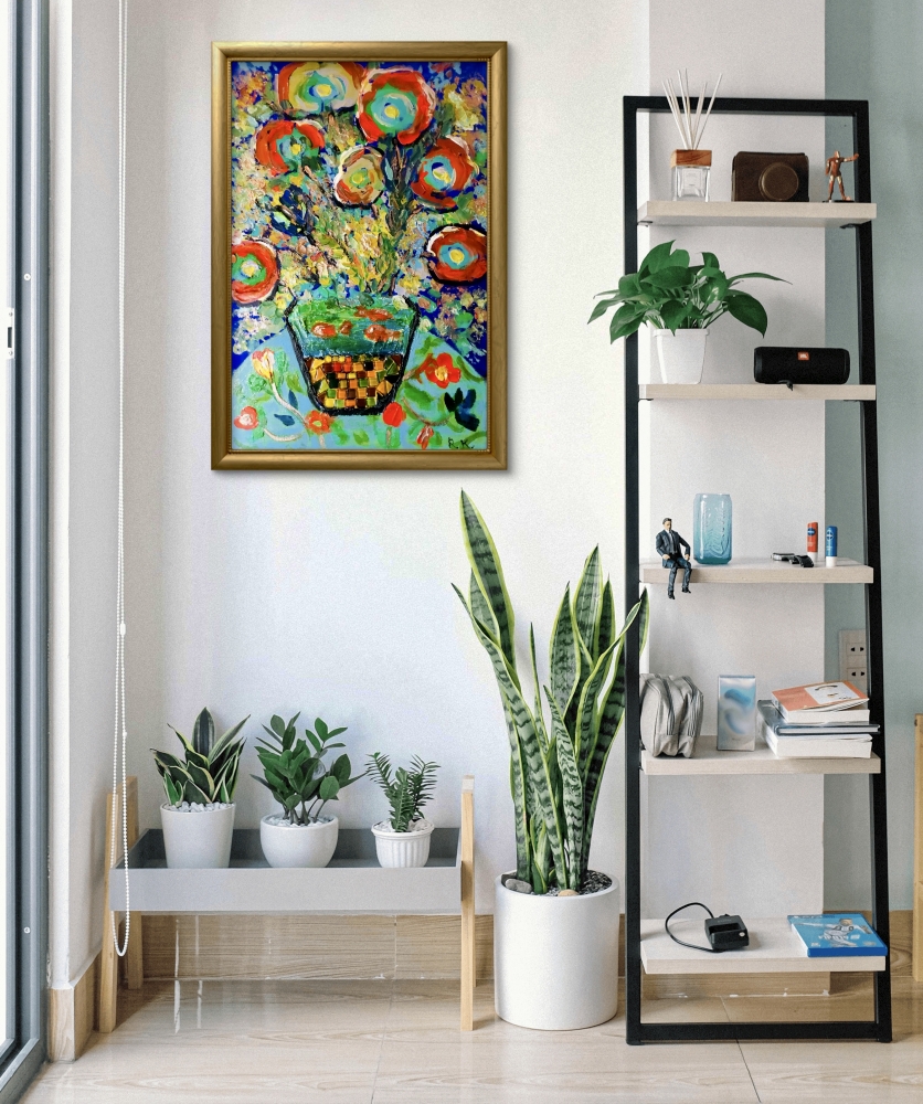 Mosaic Bloom – Colorful Abstract Floral Painting with Textured Mosaic Vase