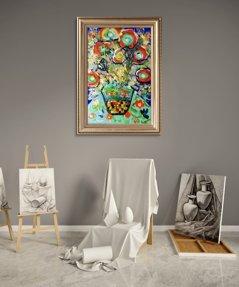 Mosaic Bloom – Colorful Abstract Floral Painting with Textured Mosaic Vase