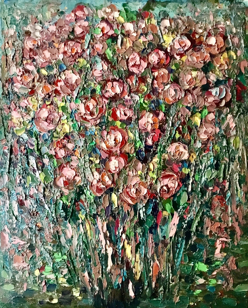 Textured Floral Oil Painting – Abstract Rose Garden, Pink Flowers Impasto Art, Original Palette Knife Painting on Canvas Board