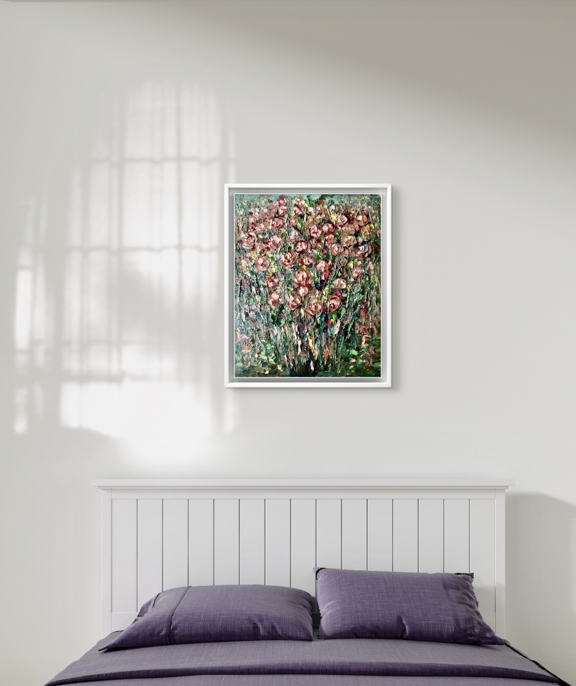 Textured Floral Oil Painting – Abstract Rose Garden, Pink Flowers Impasto Art, Original Palette Knife Painting on Canvas Board