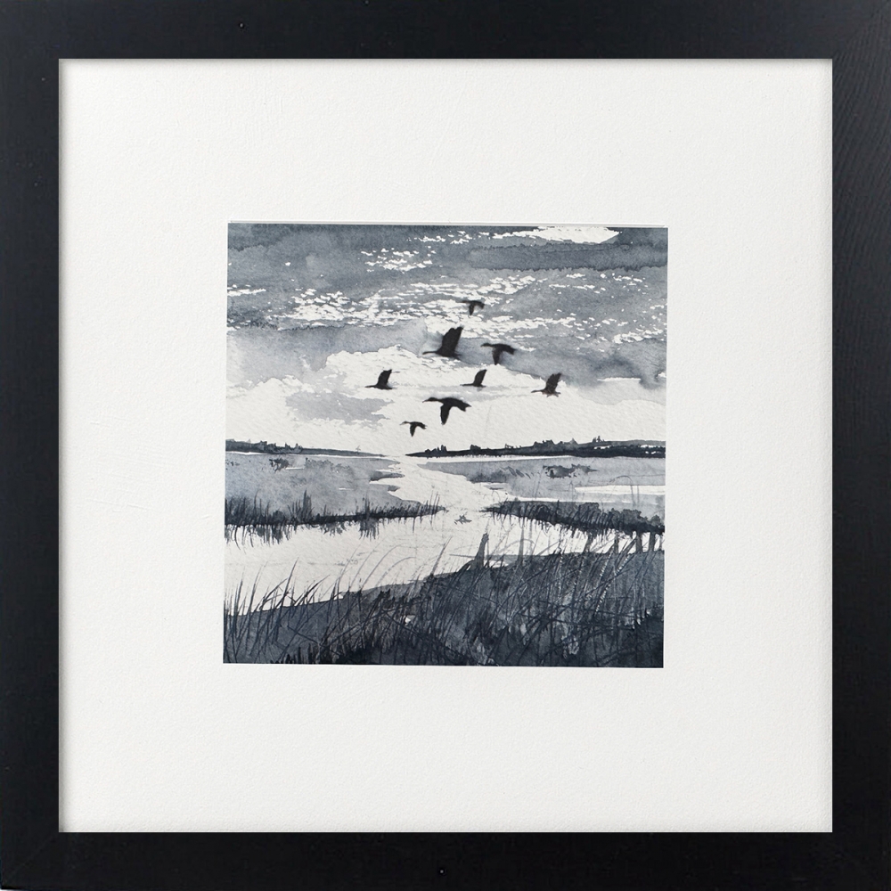 Monochrome Marshes with Ducks Framed