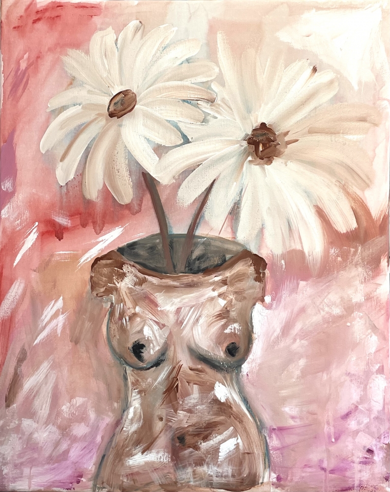 Floral Torso Boob Vase Canvas Painting