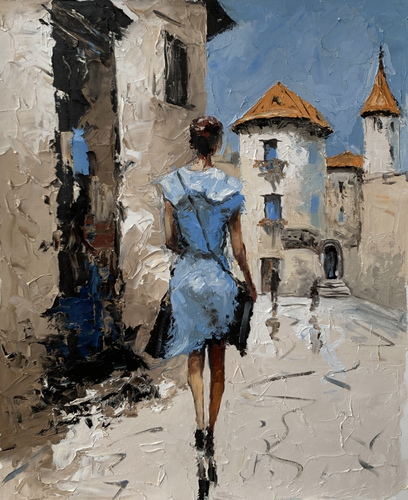 Lady in Blue. Old Town Stroll.