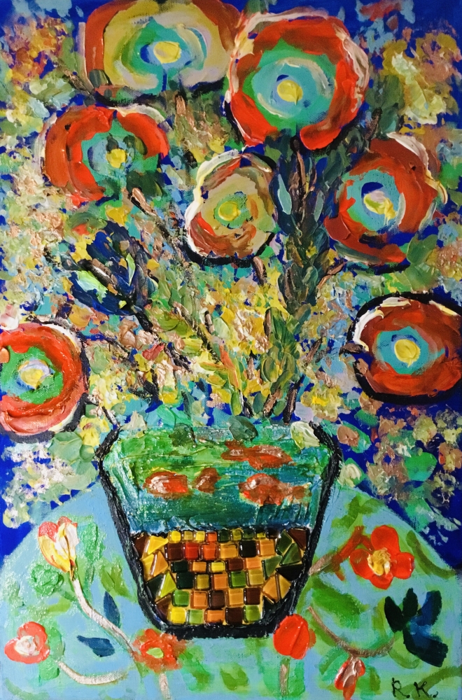 Mosaic Bloom – Colorful Abstract Floral Painting with Textured Mosaic Vase