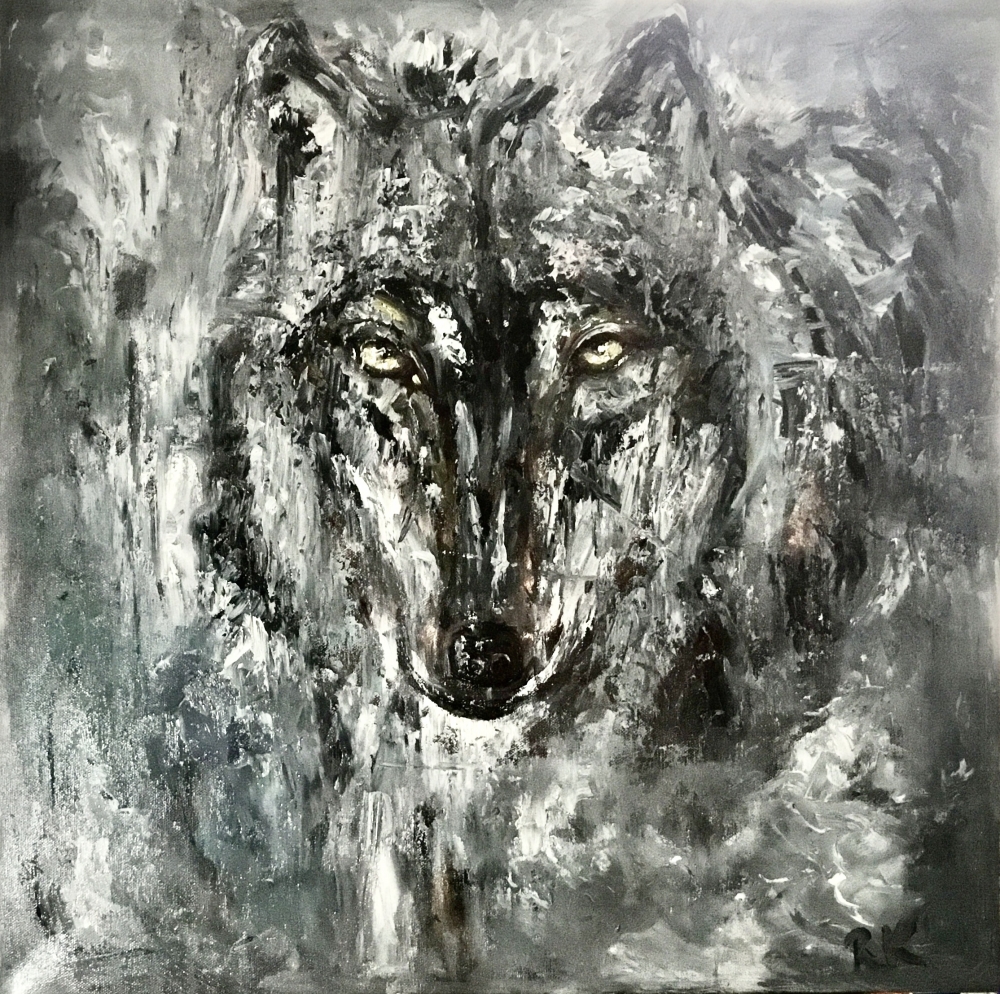 Lunar Trace Original Wolf Oil Painting 