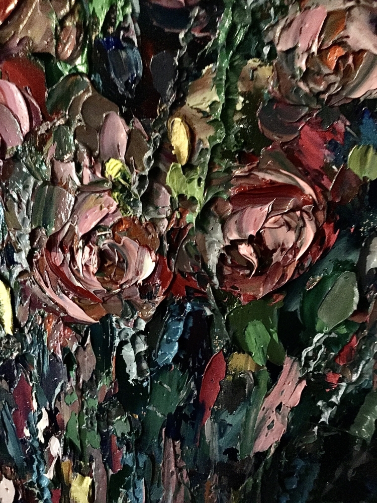 Textured Floral Oil Painting – Abstract Rose Garden, Pink Flowers Impasto Art, Original Palette Knife Painting on Canvas Board