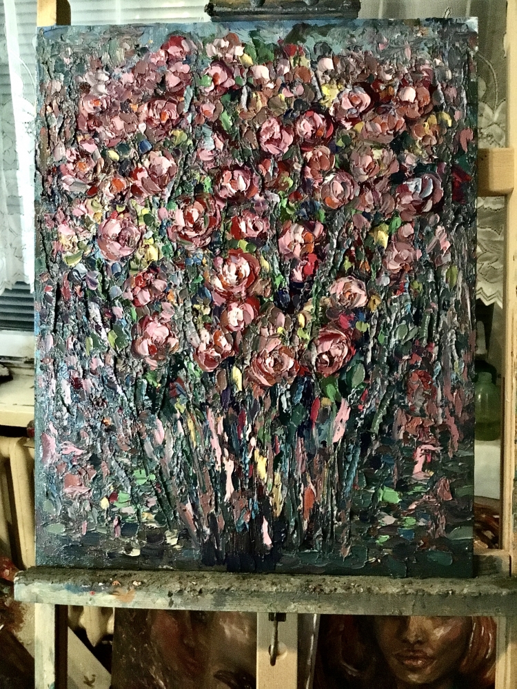 Textured Floral Oil Painting – Abstract Rose Garden, Pink Flowers Impasto Art, Original Palette Knife Painting on Canvas Board