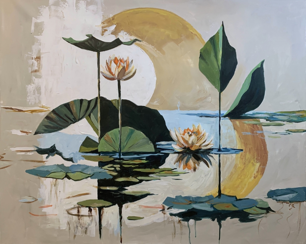 Golden Pond. Semi Abstract Water Lilies.