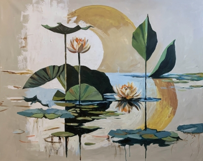 Golden Pond. Semi Abstract Water Lilies.