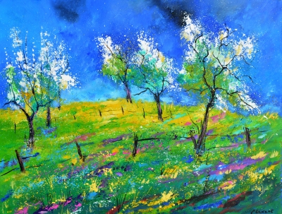 Blooming orchard in spring