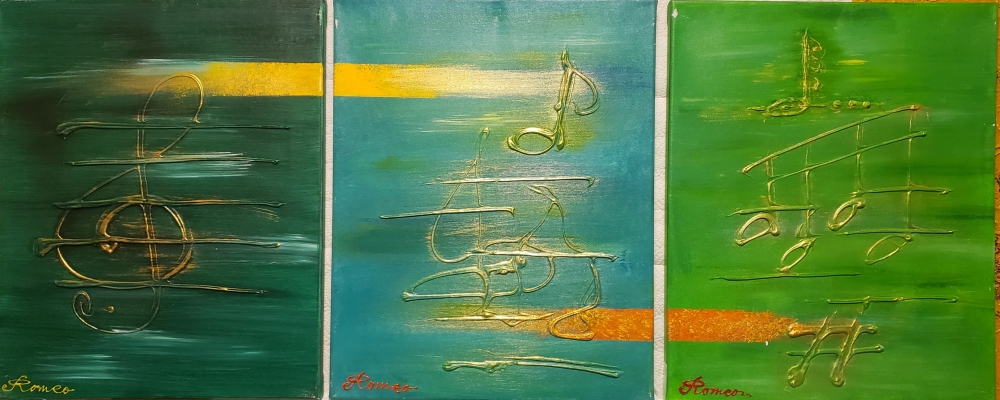 Moment of Music, Green, green, green, acrylic on canvas, 20x48 inch, SKU 1088