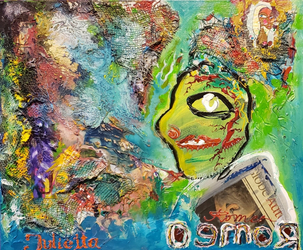 Romeo and the soul of Juliette...Acrylic collage, 20x24 inch, SKU 1115