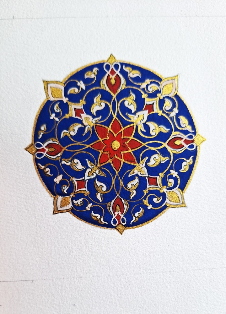 Geometric Harmony Set — 4 Framed Medallion original art in Blue, Gold & Red