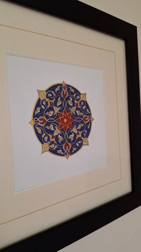 Geometric Harmony Set — 4 Framed Medallion original art in Blue, Gold & Red