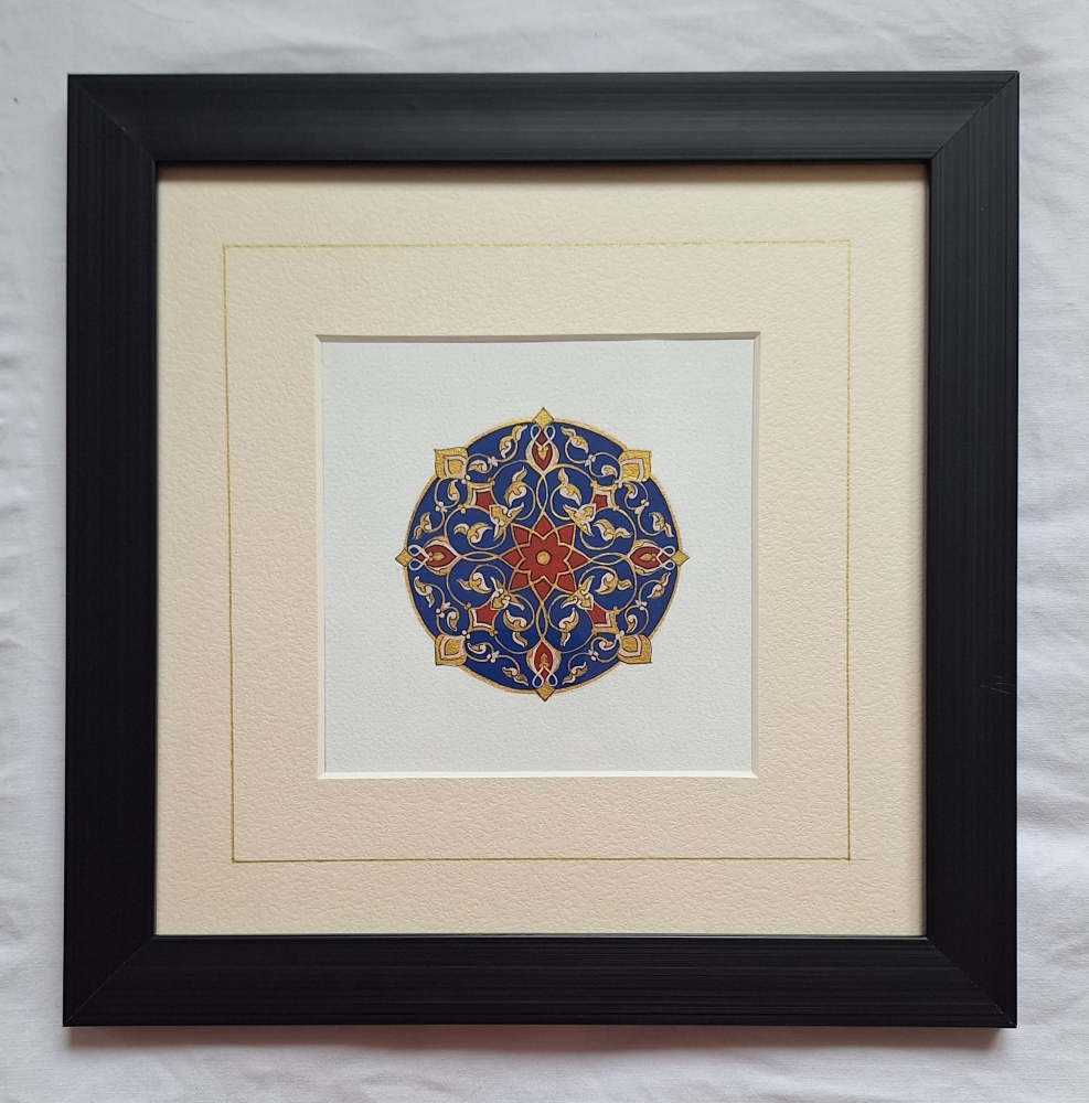 Geometric Harmony Set — 4 Framed Medallion original art in Blue, Gold & Red