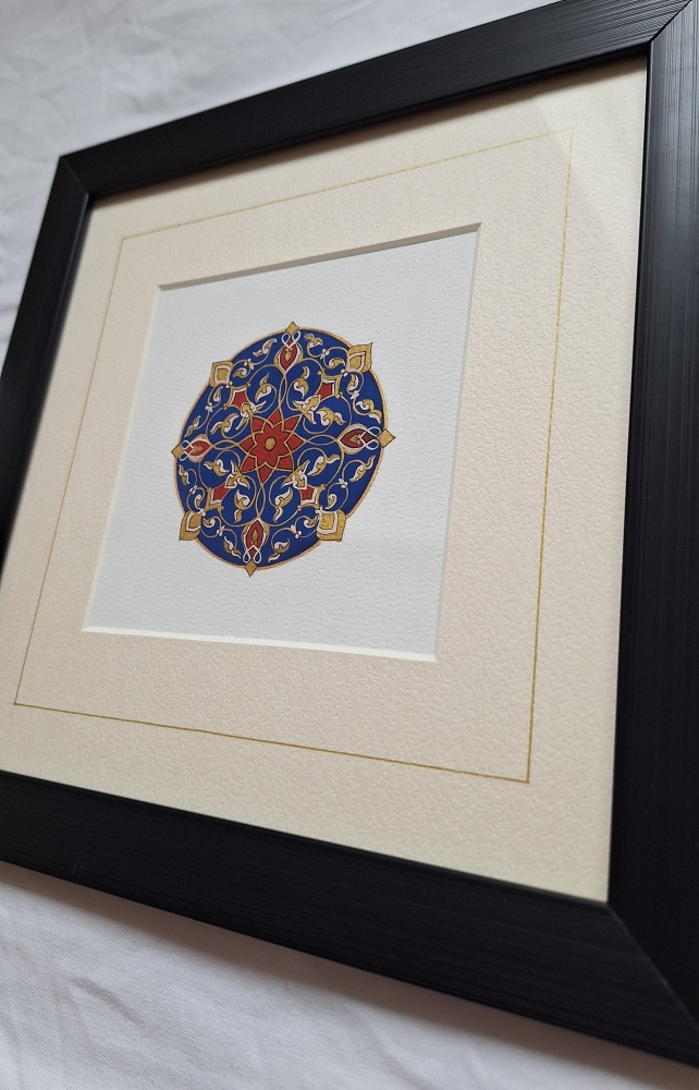 Geometric Harmony Set — 4 Framed Medallion original art in Blue, Gold & Red