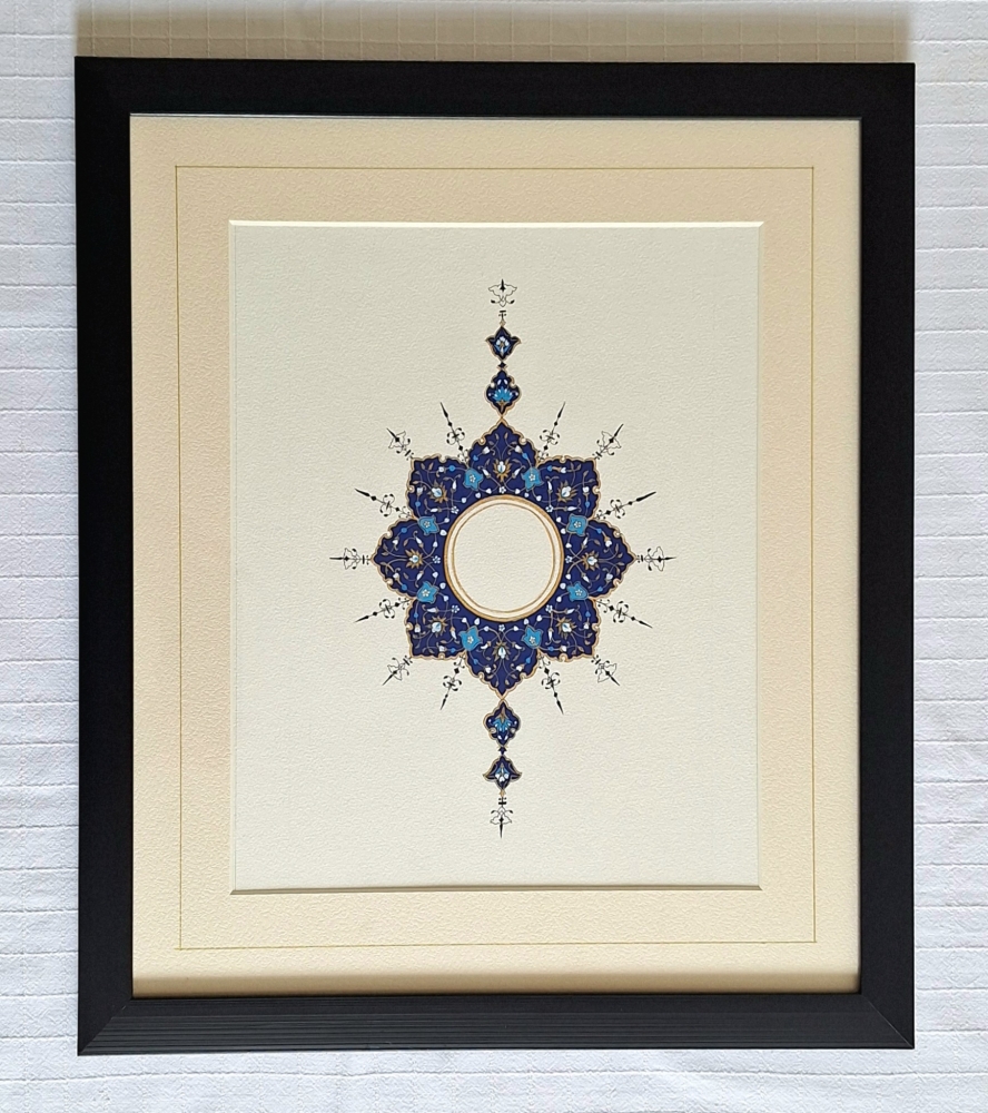 Navy & Blush Gold Symmetrical Framed Art — Ornamental Medallion Wall Decor