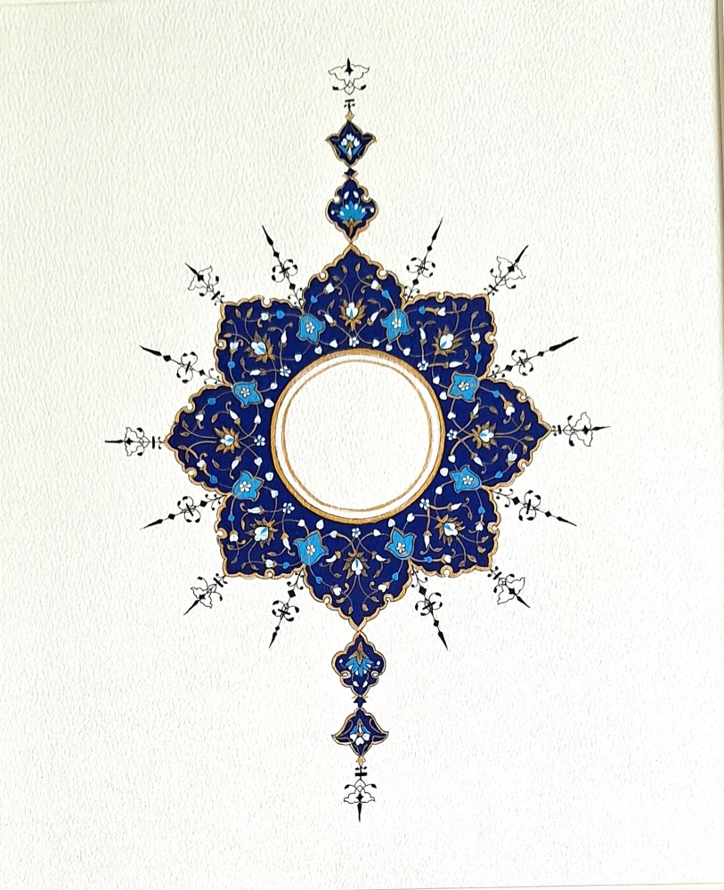 Navy & Blush Gold Symmetrical Framed Art — Ornamental Medallion Wall Decor