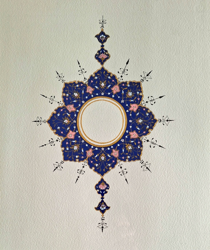 Navy & Blush Gold Symmetrical Framed Art — Ornamental Medallion Wall Decor