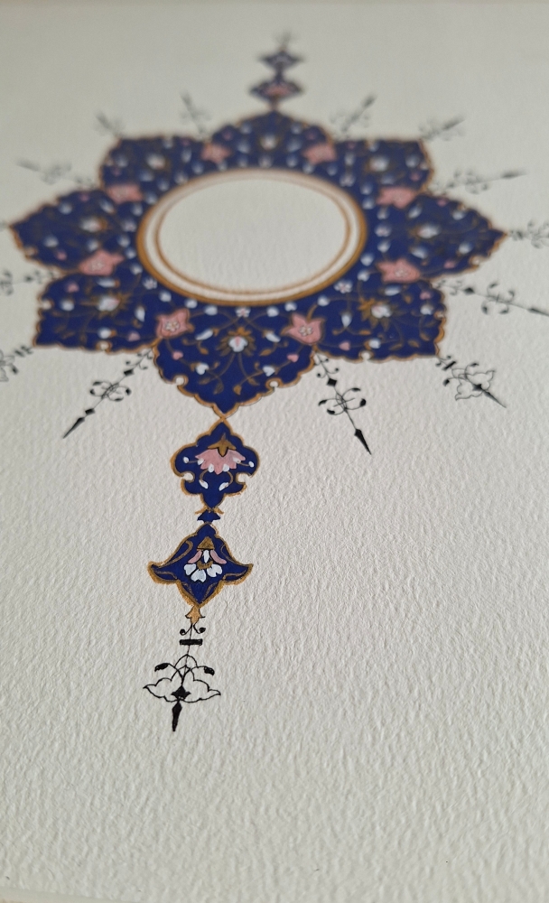 Navy & Blush Gold Symmetrical Framed Art — Ornamental Medallion Wall Decor