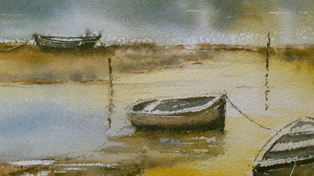 Boats at Low Tide. Original Signed Watercolour. 15x11 inches , Unframed