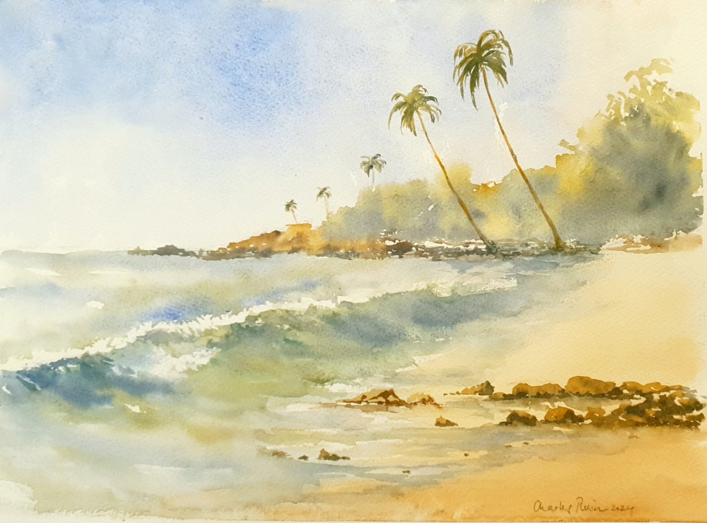 Tropical Shore . Original Signed Watercolour. 15x11 inches, Unframed