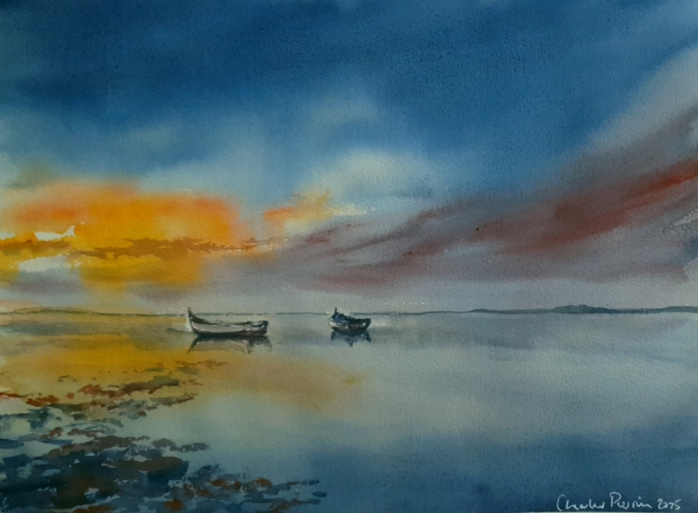 Boats at Sunset. Original Signed Watercolour. 15x11 inches