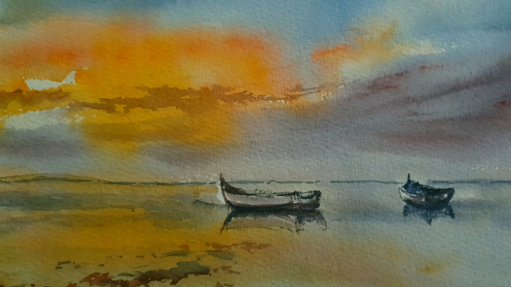 Boats at Sunset. Original Signed Watercolour. 15x11 inches