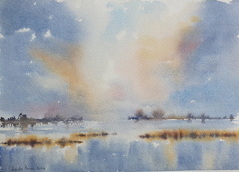 Marsh and Sky. Original Signed Watercolour. 15x11 inches . Unframed