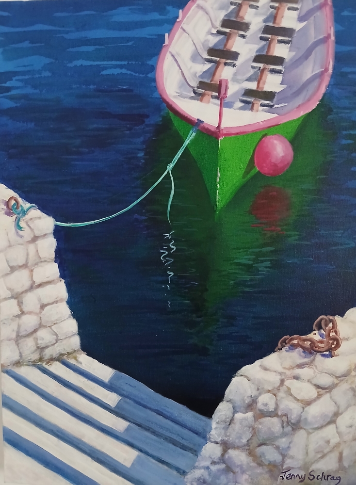 Green Rowing Boat With Pink Buoy