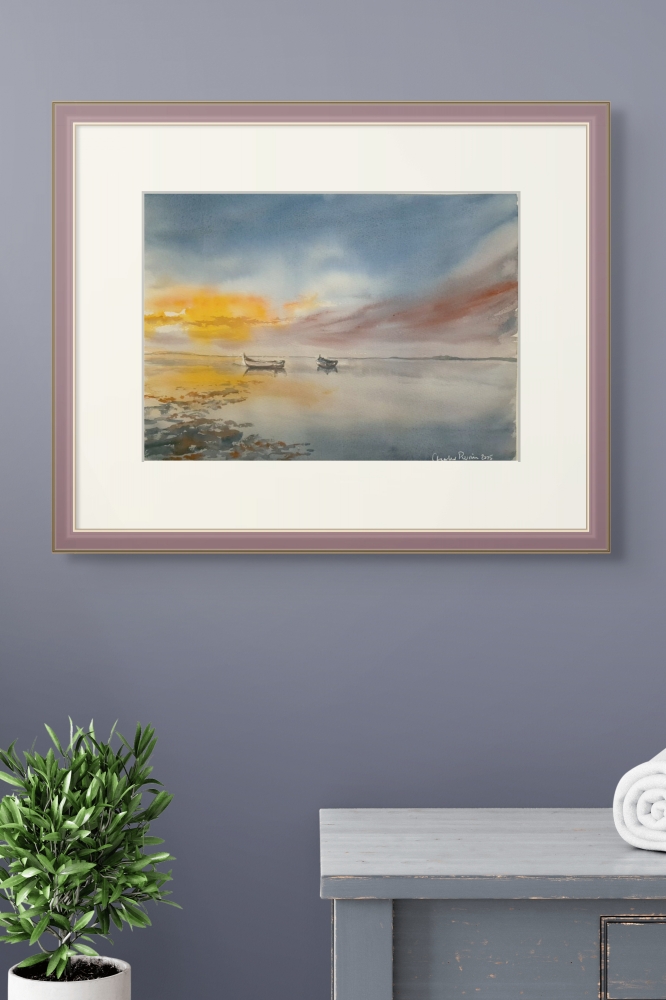 Boats at Sunset. Original Signed Watercolour. 15x11 inches