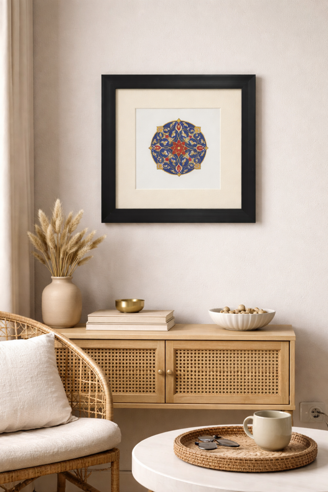 Geometric Harmony Set — 4 Framed Medallion original art in Blue, Gold & Red