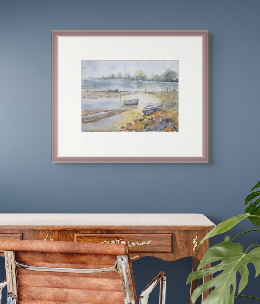 Boats at Low Tide. Original Signed Watercolour. 15x11 inches , Unframed