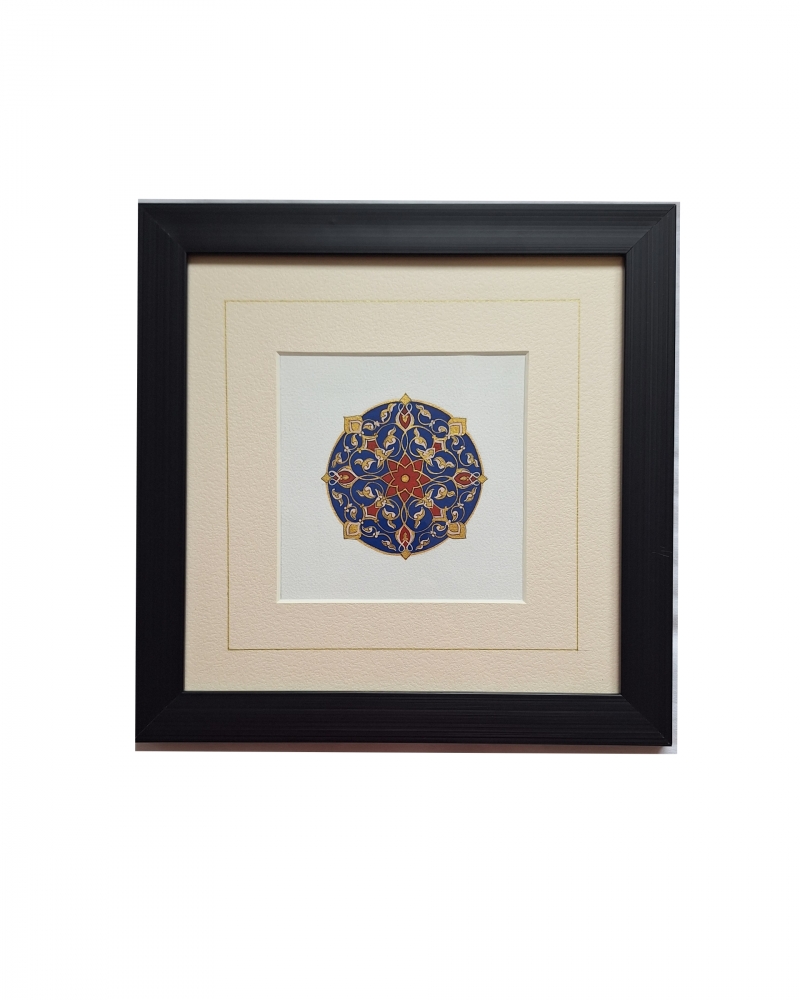 Geometric Harmony Set — 4 Framed Medallion original art in Blue, Gold & Red