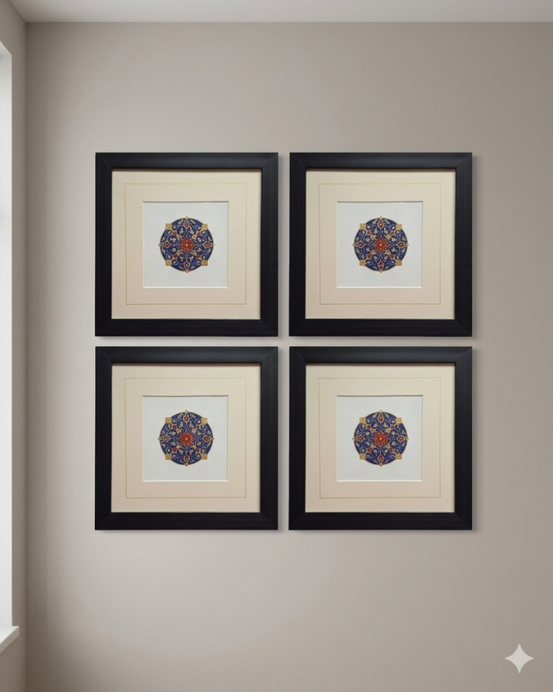 Geometric Harmony Set — 4 Framed Medallion original art in Blue, Gold & Red