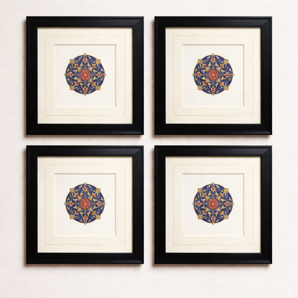 Geometric Harmony Set — 4 Framed Medallion original art in Blue, Gold & Red