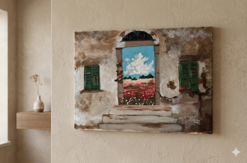 Italian Doorway Painting, Life Finds a Way Original Acrylic Art, Mediterranean Window View Canvas, Small Landscape Wall Decor