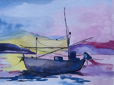 A Fishing Boat at Sunset - Hand Painted 
