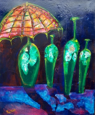 Tiffany Lamp and Bottles