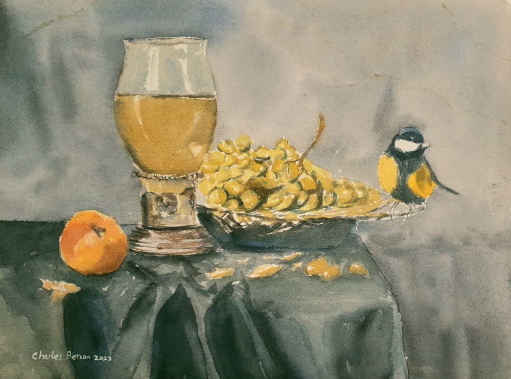 Bird with Grapes. Signed Watercolour Still Life