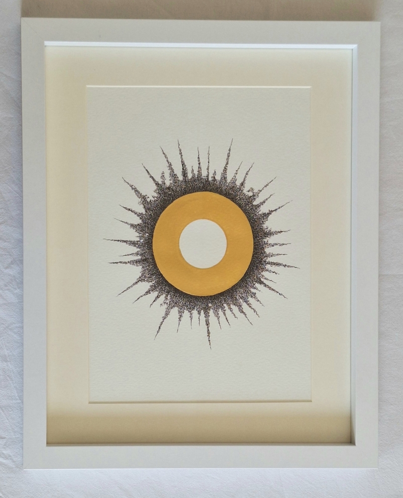 Gold Halo with Text Texture – Minimalist Conceptual Wall Art, Gold Leaf Circle, Contemporary Ink Drawing