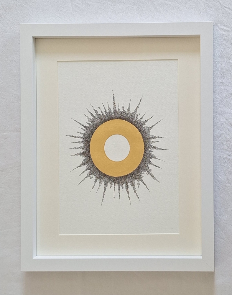 Gold Halo with Text Texture – Minimalist Conceptual Wall Art, Gold Leaf Circle, Contemporary Ink Drawing