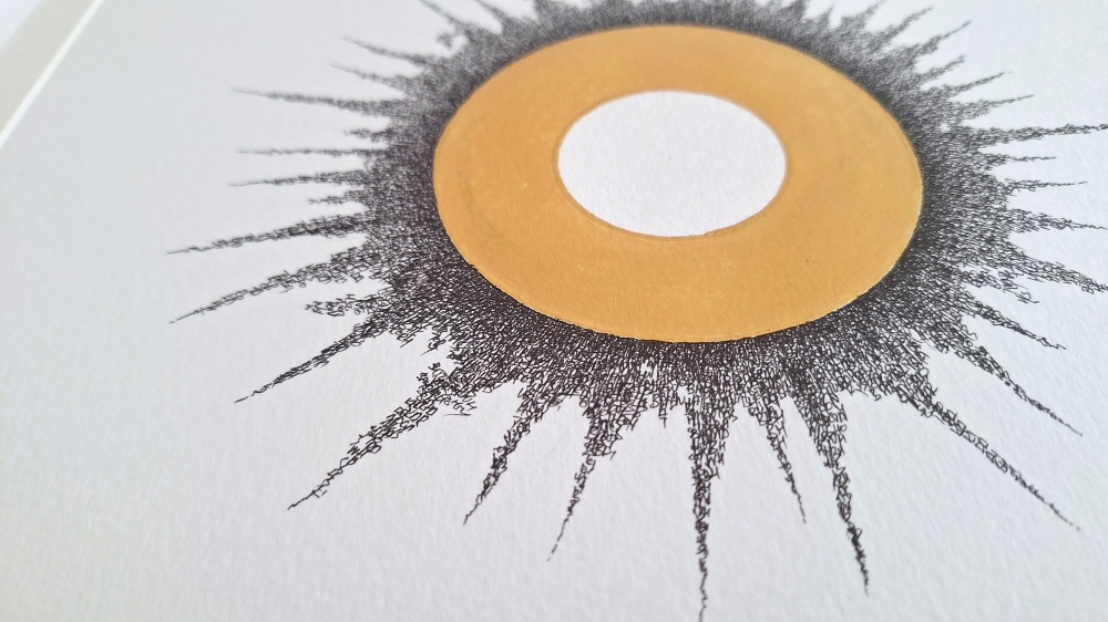 Gold Halo with Text Texture – Minimalist Conceptual Wall Art, Gold Leaf Circle, Contemporary Ink Drawing