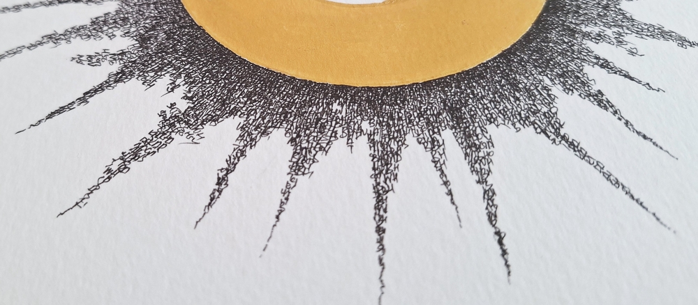 Gold Halo with Text Texture – Minimalist Conceptual Wall Art, Gold Leaf Circle, Contemporary Ink Drawing