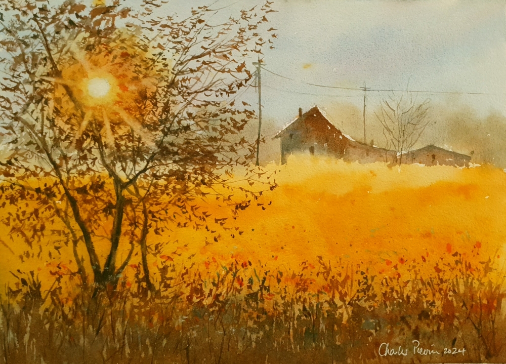 Barns and Sunset. Original Signed Watercolour. 15x11 inches; 38x28cm