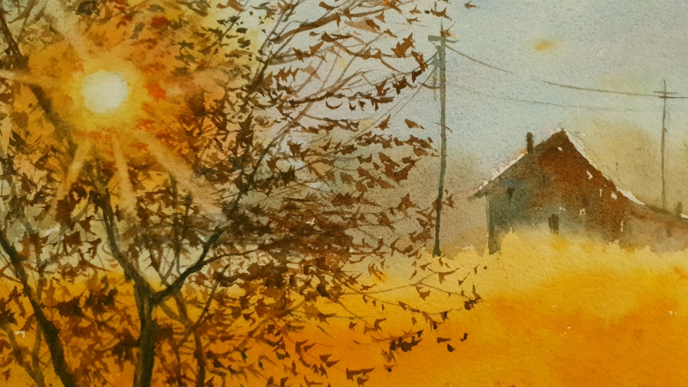 Barns and Sunset. Original Signed Watercolour. 15x11 inches; 38x28cm