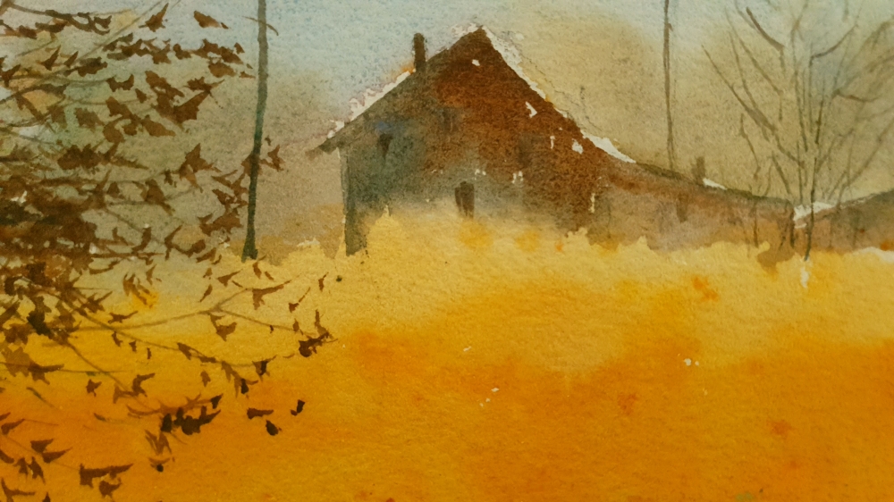 Barns and Sunset. Original Signed Watercolour. 15x11 inches; 38x28cm