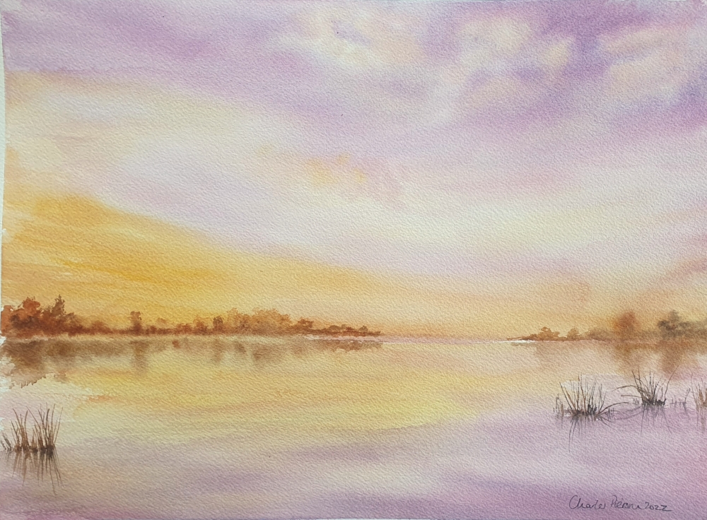 Tranquil Lake at Sunset. Original Signed Watercolour